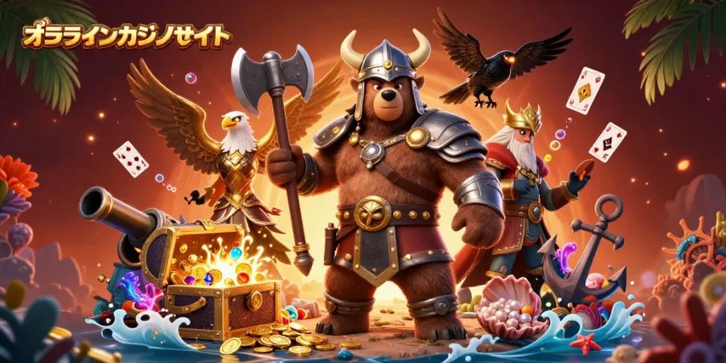 オンラインカジノサイトで楽しむスロットゲームのイラスト。