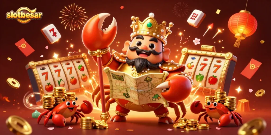Experience excitement at slotbesar with a golden crab emperor in a vibrant casino scene.