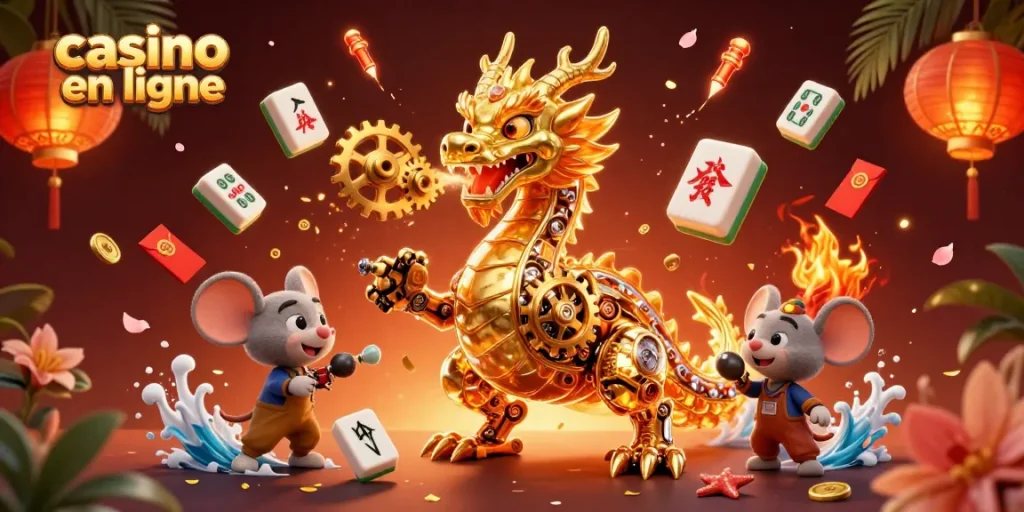 Jouez aux machines à sous dans un casino en ligne immersif avec un dragon mécanique impressionnant.
