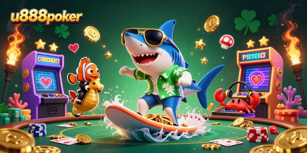 Join the fun at u888poker with 3D characters surrounded by casino gaming elements!