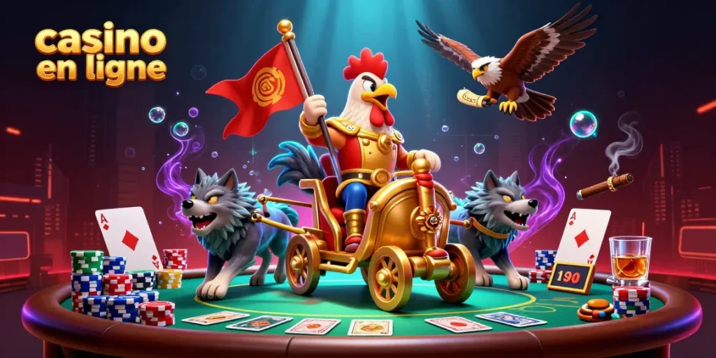 Les joueurs s'amusent au casino en ligne avec une scène dynamique de jeux de cartes et de jetons entourant un guerrier coq.