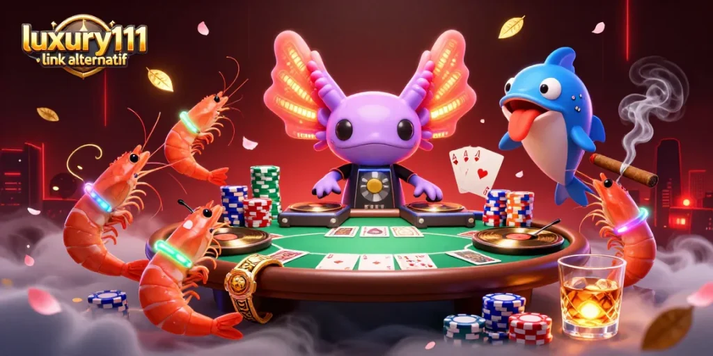 Engage with luxury111 link alternatif in this vibrant gaming celebration featuring a neon axolotl DJ spinning winning poker moments.