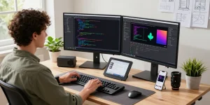High-efficiency workspace showcasing Snipaste screenshot software download, featuring dual monitors and collaborative tools in a modern tech environment.