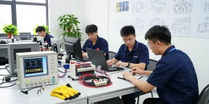 Engineers collaborating on IEC connectors in a modern workshop