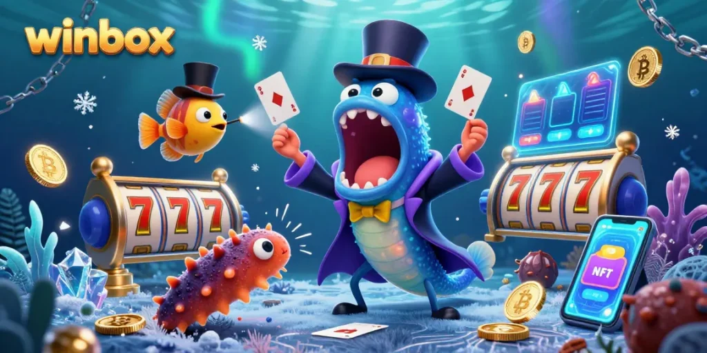 Engage with winbox's thrilling gameplay showcased by vibrant characters and glowing casino elements.