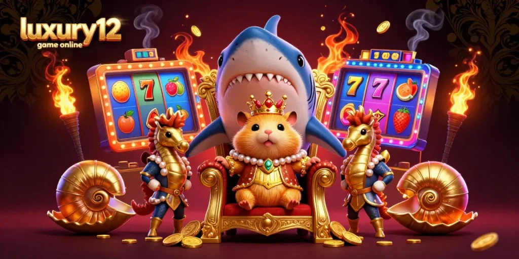 Spin to win with luxury12 game online featuring a golden hamster king and vivid casino elements.