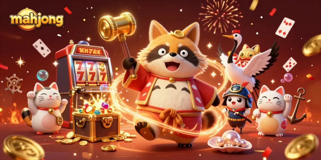 Play engaging mahjong with a dynamic, cheerful tanuki and festive elements to enhance your gaming experience.