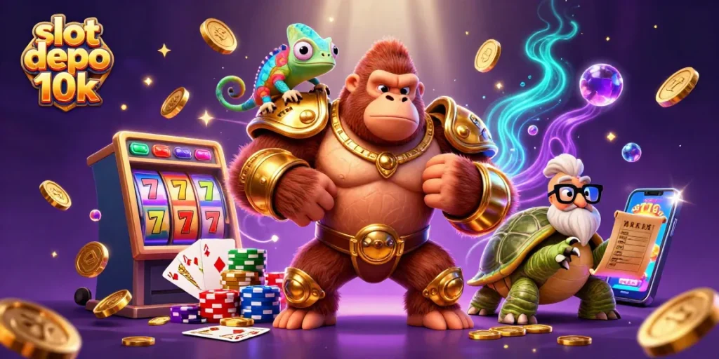 Experience the thrill of slot depo 10k in this vibrant 3D cartoon casino scene, showcasing action and excitement.