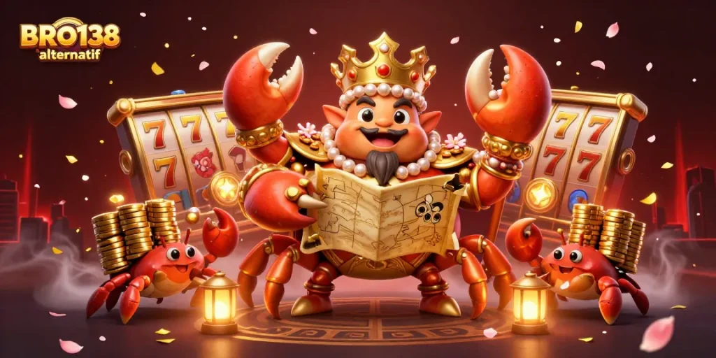 Explore the vibrant BRO138 alternatif gaming scene with a golden crab emperor and rich slot elements