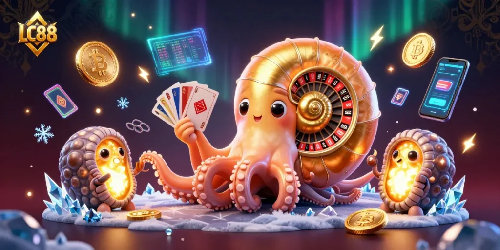 Engage in exciting gameplay at LC88, featuring a giant nautilus as a roulette wheel surrounded by coins and glowing elements.