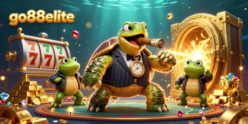Experience the excitement of go88elite with a dynamic casino-themed illustration featuring a turtle mobster and frog enforcers.