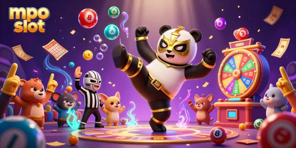 Engage in mpo slot gaming with a vibrant scene showcasing a panda wrestler, lottery elements, and lively spectators.