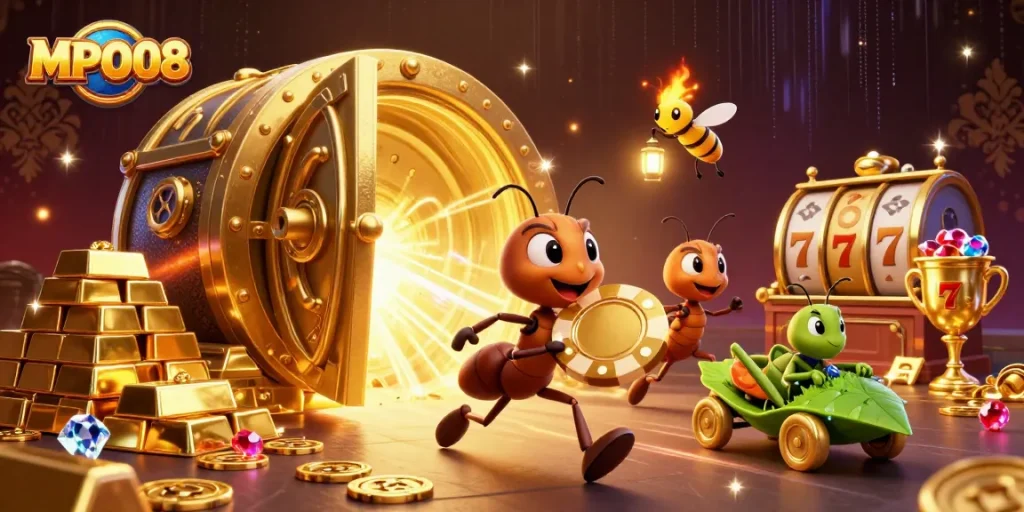 MPO08 platform showcasing a thrilling heist scene with ants and vibrant casino elements, emphasizing excitement and gameplay.
