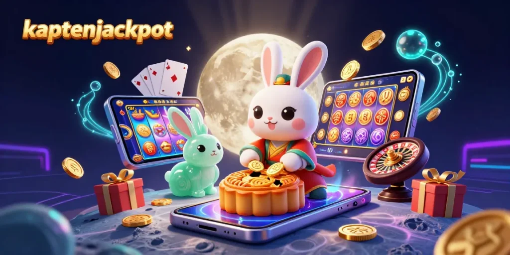 Experience the excitement of kaptenjackpot with moon rabbit characters amid casino elements.