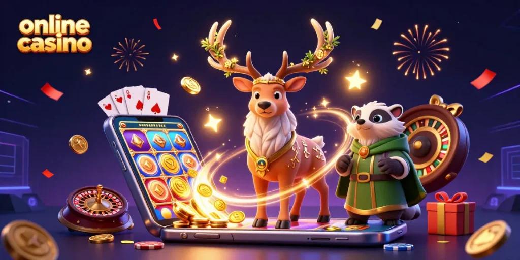 Spin and win at the online casino with vibrant characters and game elements bursting with energy.