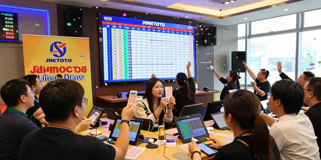 Excited players at JNETOTO's live draw event, engaging with dynamic lottery results.
