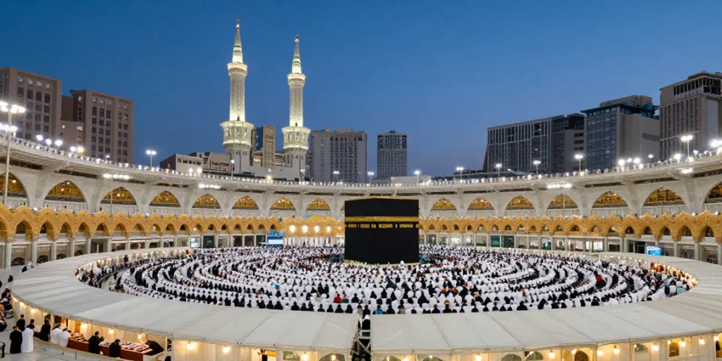 Umroh full ramadhan experience in Makkah during sunset, gatherings of pilgrims, spiritual journey, travel guide.