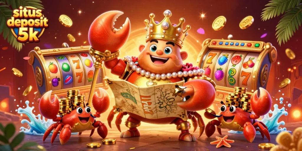 Experience the thrill of gaming with situs deposit 5k, as the golden crab emperor and his treasures come alive in an exciting casino scene.