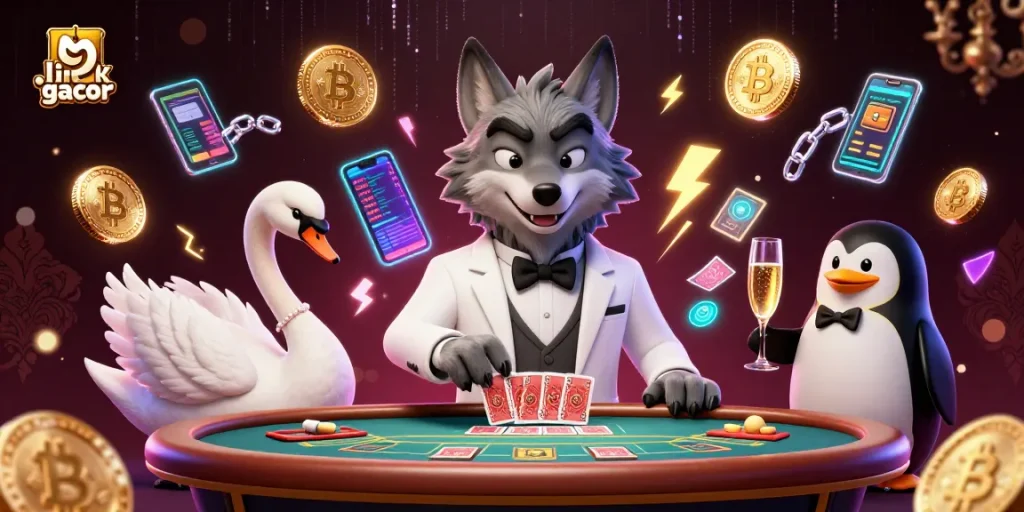 Engage with link gacor players at a vibrant baccarat table, enjoying card games in a stunning casino atmosphere.