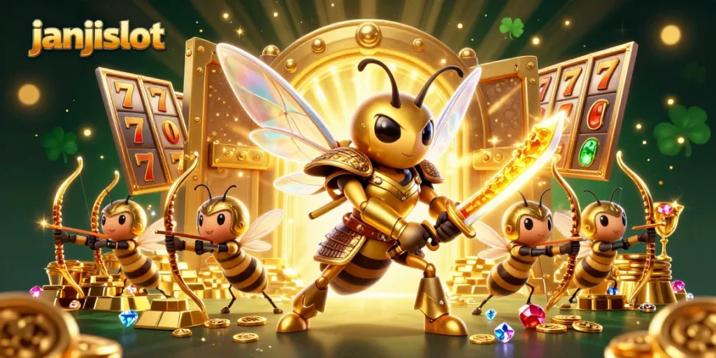 Experience excitement at janjislot with vibrant 3D visuals of golden treasures and slot reels.