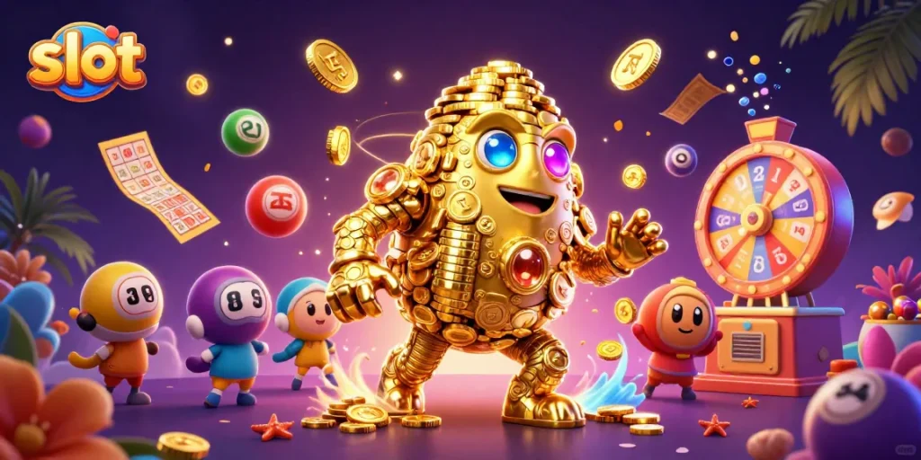 Engage in slot gameplay with the ancient golden golem adorned in vibrant casino elements.