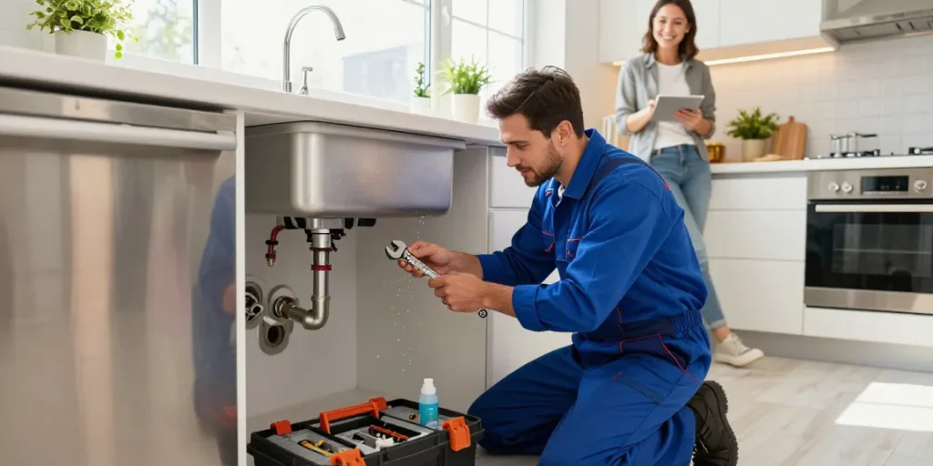Experienced plumber in Stevenage fixing kitchen sink with tools in a cozy home setting.
