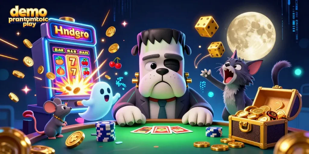 Engage with demo pragmatic play as a Frankenstein bulldog monster deals cards amidst overflowing casino treasures and vibrant lights.