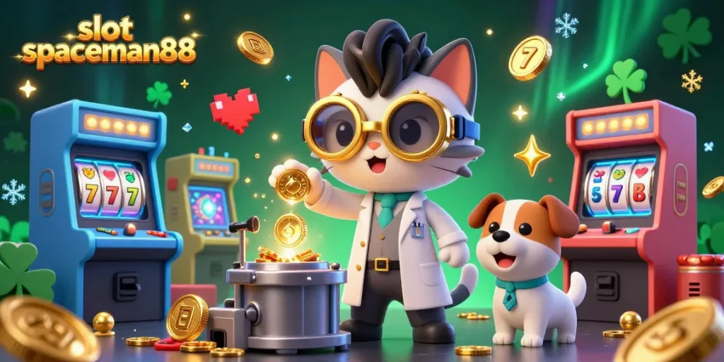 Experience the excitement of slot spaceman88 with vibrant cartoon characters amidst flying gold coins and colorful game machines.
