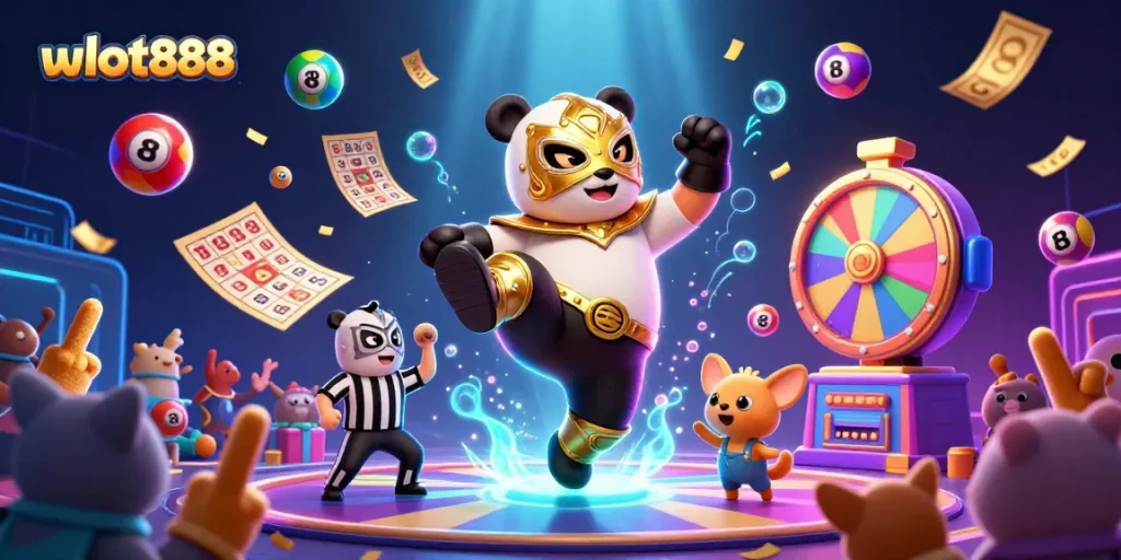 Merayakan keseruan wslot888 dengan panda pegulat dengan masker emas dan chihuahua wasit di arena.