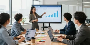 Innovative entrepreneurs collaborating on startup strategies at https://www.startsomethingpc.com in a modern office environment.