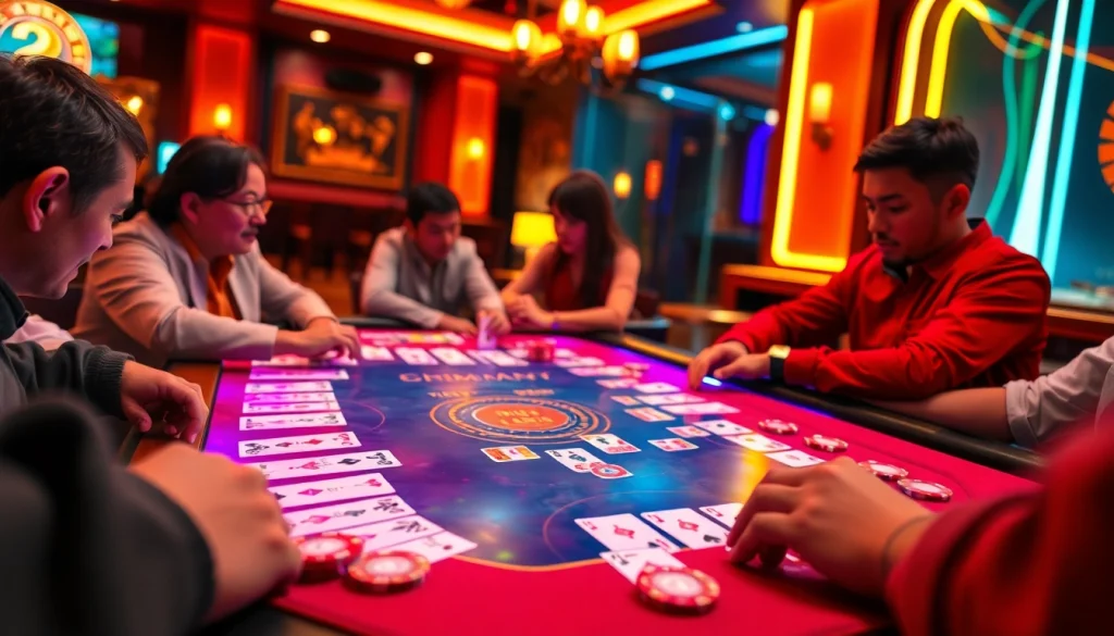 Players enjoying yono rummy at a vibrant digital table surrounded by colorful game elements.