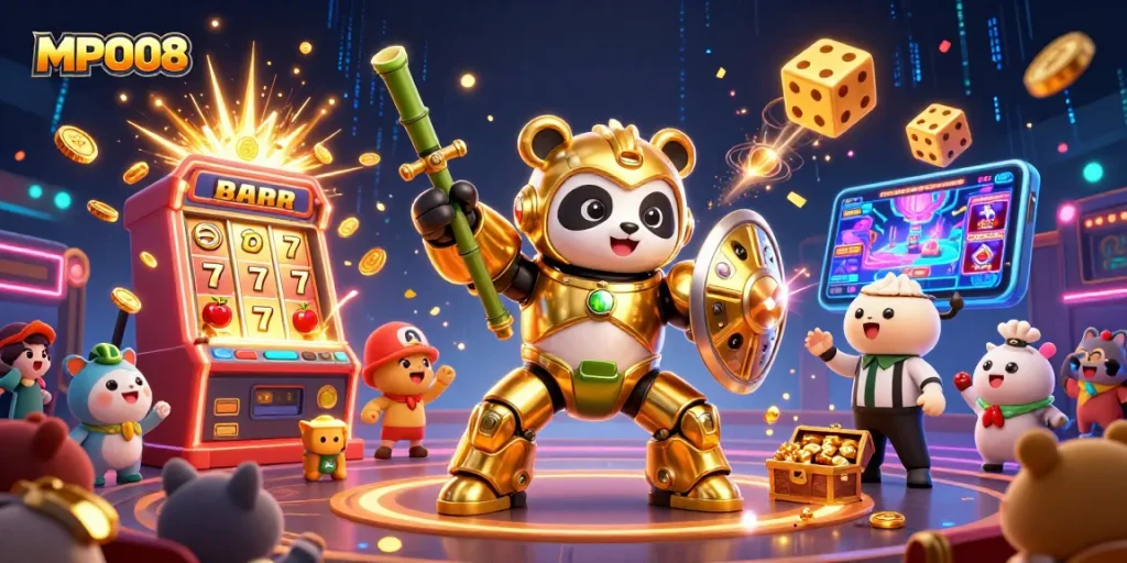 MPO08 features a dynamic 3D cartoon mech-suit golden panda and vibrant casino elements celebrating big wins