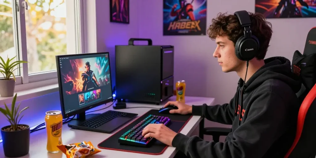 Player enjoying raja328 link experience on a gaming laptop with vibrant peripherals and energetic setup.