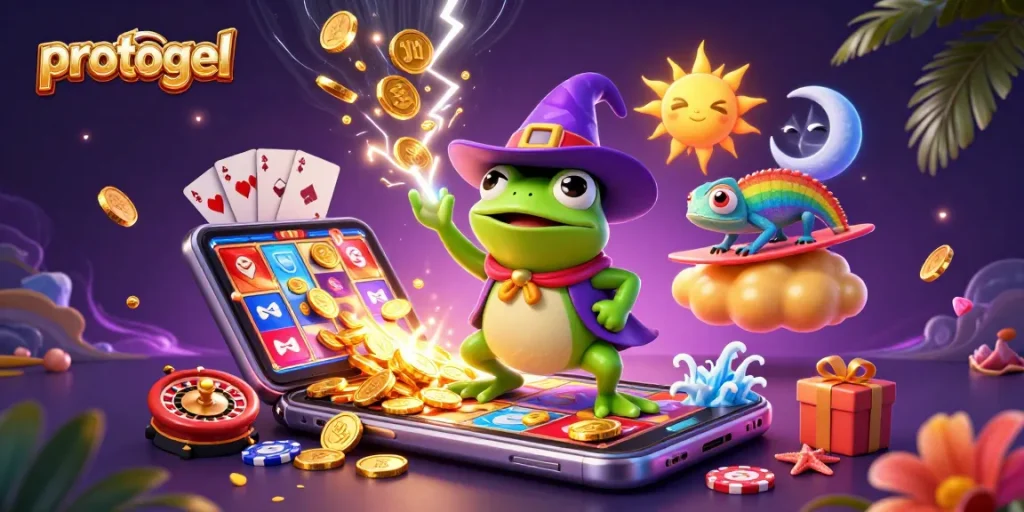 Experience thrilling gameplay at protogel as a magical frog conjures jackpot riches and vibrant casino elements.