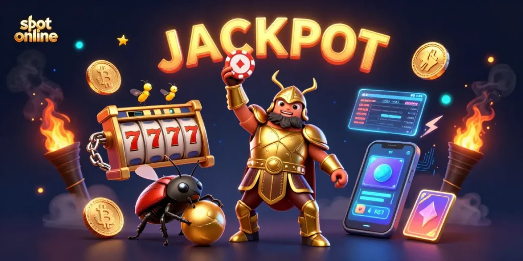Engage with slot online action featuring a victorious beetle, jackpot elements, and vibrant gaming symbols.