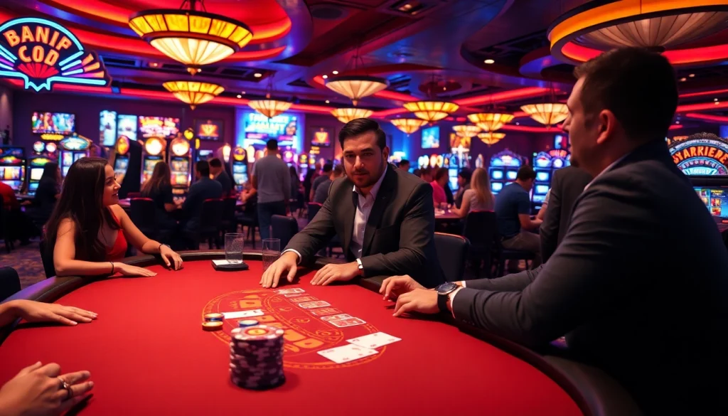A lively moment at karirtoto casino with enthusiastic players and colorful gaming elements.