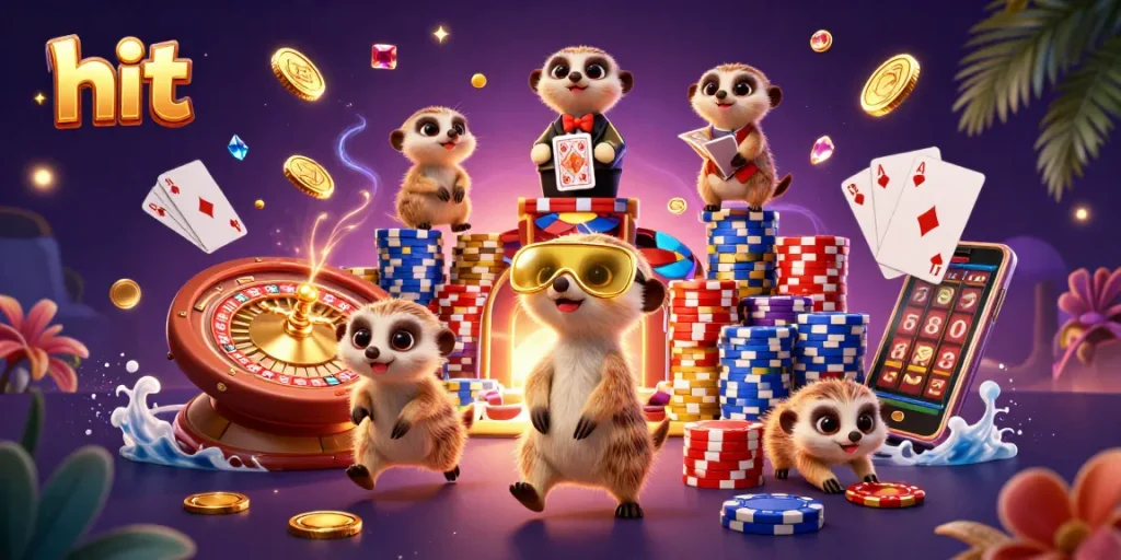 Hit the jackpot with playful meerkats running a lively casino operation full of games and excitement.